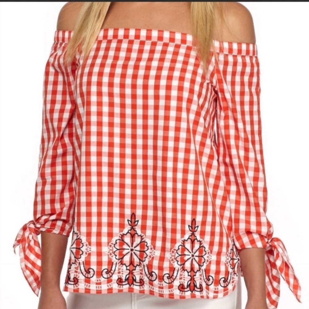 crown & ivy check plaid Embroidered Red off shoulder Blouses Petite size L